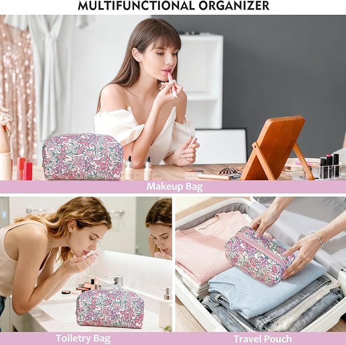 STARDW Cute Quilted Floral Makeup Bag for Women, Large Capacity Travel Toiletry Bag with Zipper and Canvas Lining