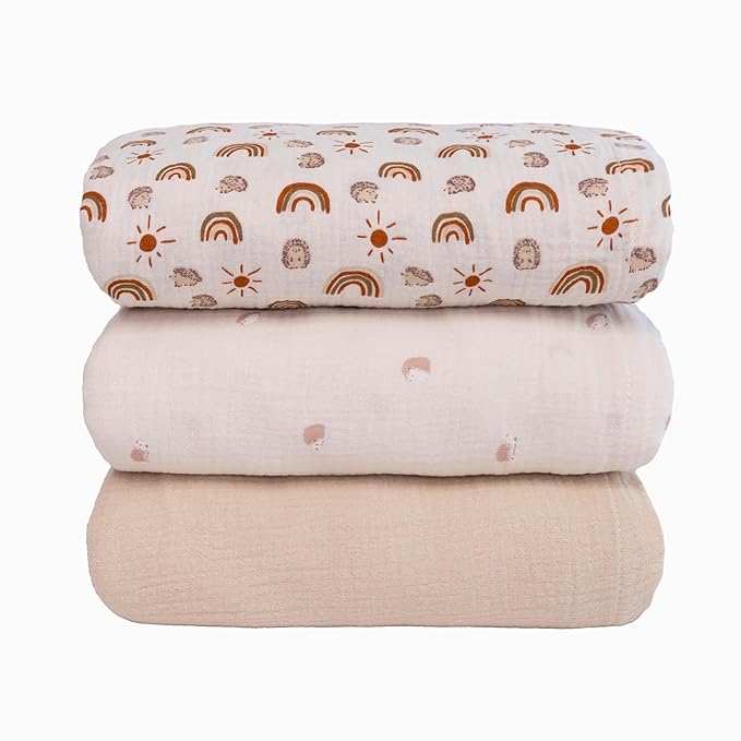 Muslin Swaddle Blankets Baby Blanket Set, 3 Pack 47"x47" Breathable Swaddles for Newborns, Soft Baby Swaddle Blanket Girl Boy, Muslin Blankets and Swaddles for Babies, Nursery Gift Set Neutral Rainbow