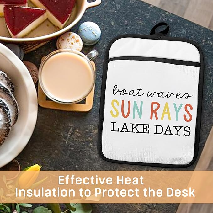 Lake Gifts Pot Holders with Pockets, Lake House Life Gifts for Women, Boat Waves Sun Rays Oven Pot Holders Heat Resistant Oven Mitts Hot Pads for Kitchen Baking Cooking