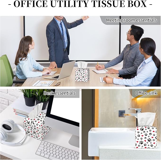 Dog Paw Cat Paw Heart Love Tissue Box Cover Square, Animal Puppy Footprints Tissue Box Holder Waterproof Leather Facial Paper Organizer Dispenser for Bathroom Home Car Nightstand Vanity Desk