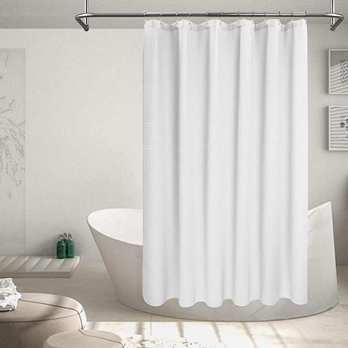Barossa Design Fabric Shower Curtain Cotton Blend 96 Inch Extra Long, Honeycomb Waffle Weave, Hotel Luxury, Heavyweight, Spa, Washable, White, 72x96
