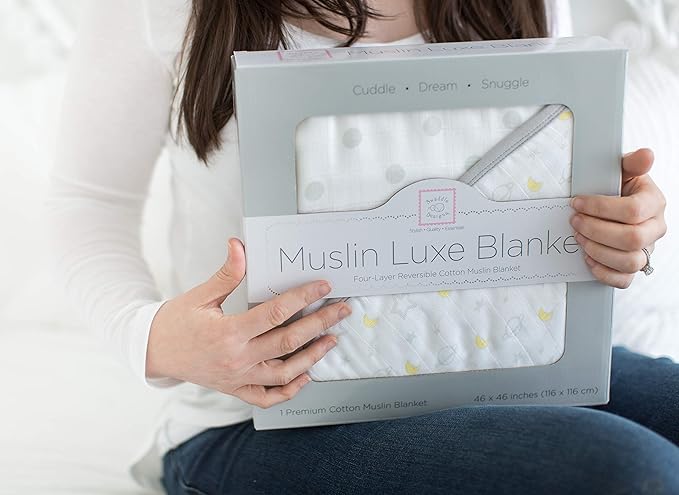 SwaddleDesigns 4-Layer Cotton Muslin Luxe Blanket, Baby and Toddler Cuddle and Dream, 46x46 inches, Sterling Goodnight and Dots