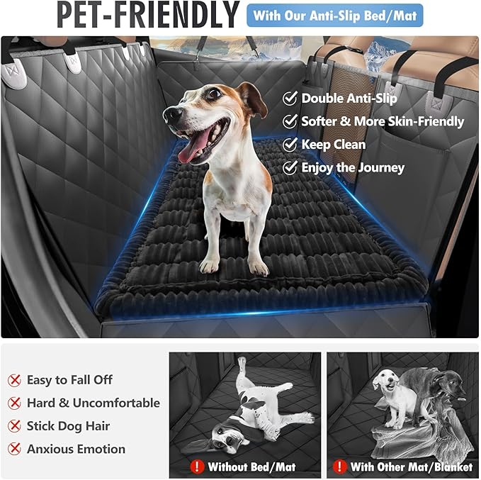 ROUWINNE Backseat Dog Bed Non-Slip, Dog Bed for Car Back Seat Soft and Comfortable, Back Seat Pet Bed Mat for Travel, Pet Car Blanket for Backseat Extender and Seat Covers Black (51”X 23.5”)