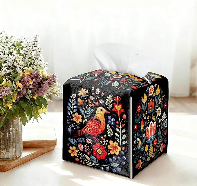 Black Tissue Box Holder, Floral Bird Leather Tissue Box Cover Square with Bottom Belt, Paper Napkins Everyday Dispenser for Bathroom Night Stands Kitchen Office Car Home Decor
