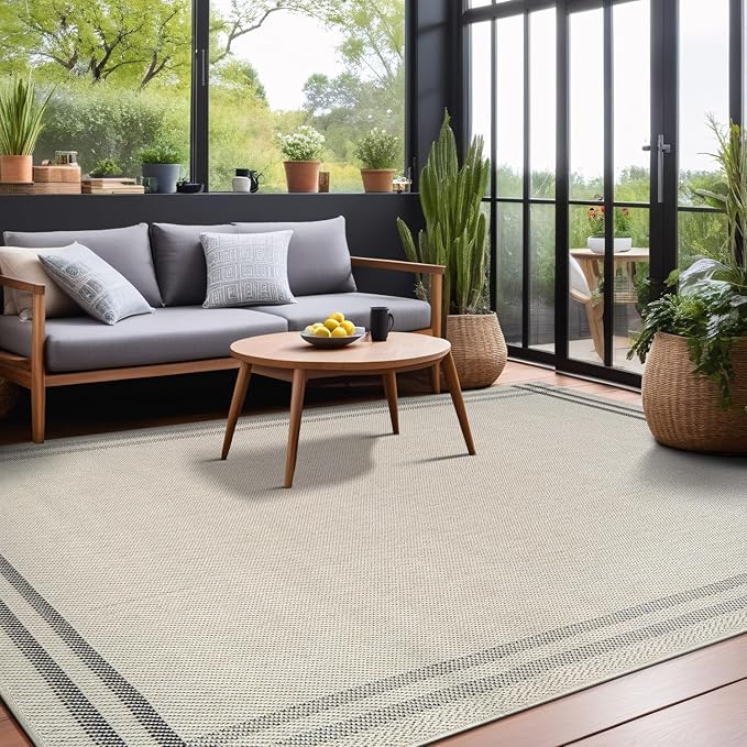 Easy Jute Rugs 10x14 Bordered Bone Color Living Room Indoor Outdoor Area Rug for Patio and Kitchen Rug High Traffic Washable Easy to Clean Solid Boho Woven Design Outside Carpet (10 x 14)