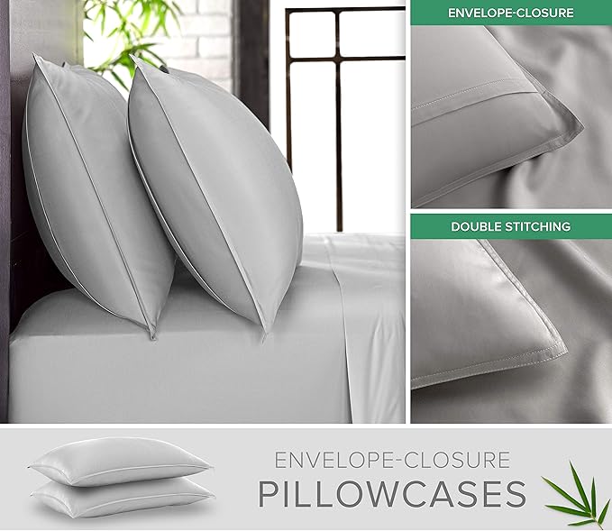 Pure Bamboo Full Sheets, Genuine 100% Organic Viscose Derived from Bamboo Bed Sheet Set, Luxuriously Soft & Cooling, Double Stitching, 2 Year Quality Promise (Full, Silver Pearl)