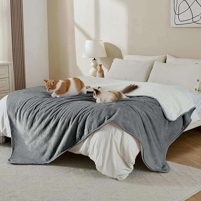 Yaning Waterproof Blanket for Bed Couch Sofa, Soft Liquid Pee Proof Pet Blanket for Dog Puppy Cat, Reversible Sherpa Fleece Furniture Protector (Grey, 50x60 inches)