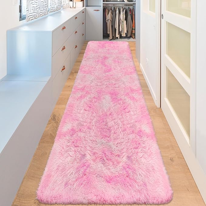 2x8 Pink Fuzzy Rug Runner for Bedroom Girls, Pink Shag Rug for Girls Room Bedside Living Room Hallway Plush Fuffy Carpet Runner for Kids Room Nursery Home