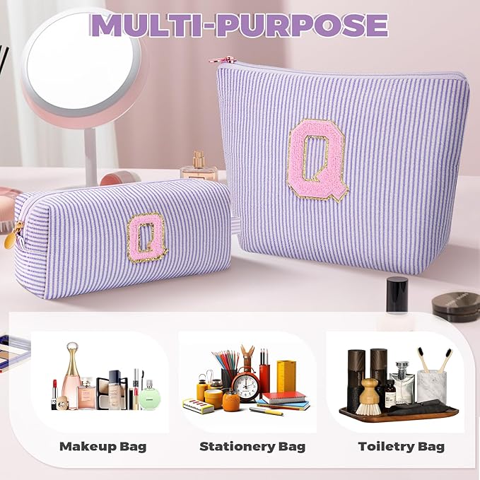 Btffitting Personalized Makeup Bag for Women Girls - Fashion Cosmetic Bag Trendy Travel Toiletry Bag with Initials Letter - Teen Gifts - Lavender,Q
