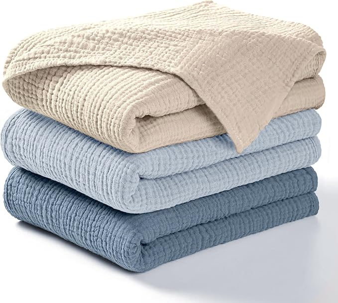 Dreamology Muslin Swaddle Blankets Boy,Girl,100% Cotton Swaddle Blankets,3 Pack,Receiving Blanket for Unisex, Soft, Breathable Swaddle Blanket,Large 44 x 44 inch Cotton Blanket | Blue,Light Blue,Ecru