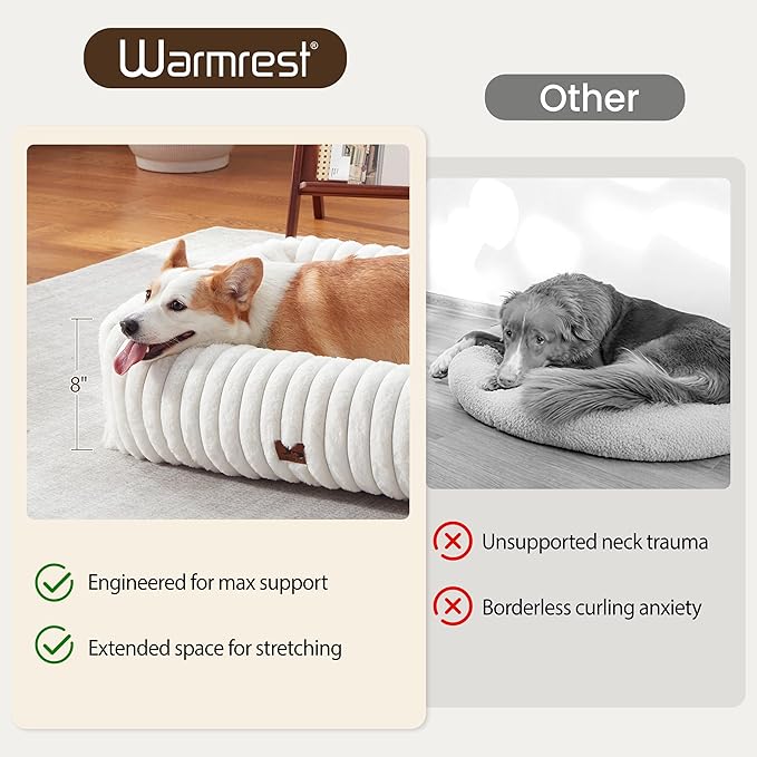 Warmrest Washable Dog Bed for Small Medium Dogs - Rectangle Orthopedic Corduroy Fleece Pet Bed with Removable Cover and Nonskid Bottom, Calming Puppy Bed Soft Pet Sofa, Cream(30x24x8inchs)