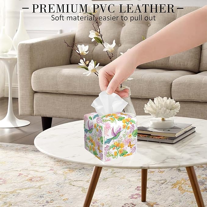 POIUBLE Tissue Box Holder Hummingbird and Flower Tissue Box Cover Butterfly Square Leather Tissue Holder Organizer Portable Decorative Facial Paper Case for Home Office Bathroom Vanity Countertop