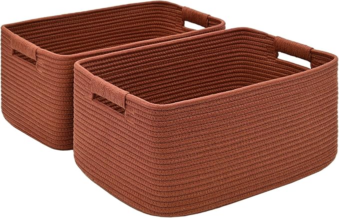 2 Pack Large Storage Basket for Organizing, 17.5"x13.5"x7.5" Woven Basket for Shelves, Closet Cube Storage Bins with Wrapped Handle, Cotton Rope Baskets for Kitchen, Clothes, Toys(Oxide Red)