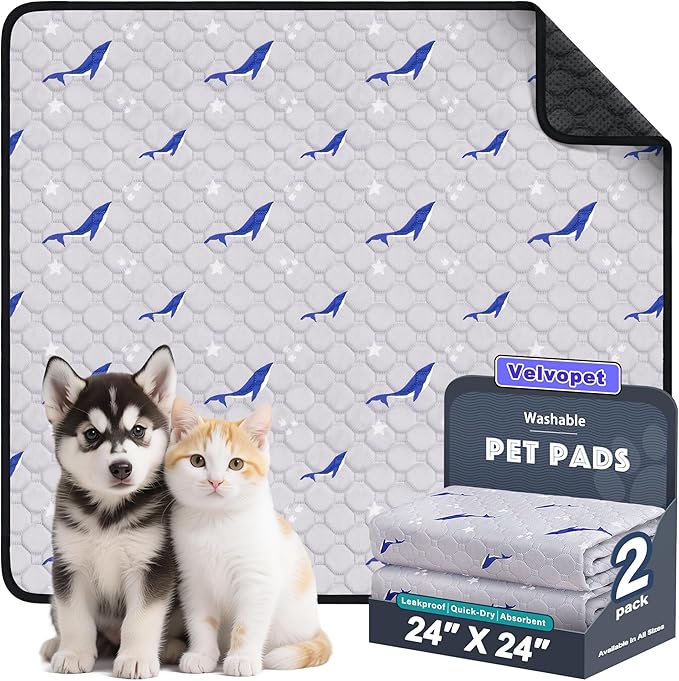 Velvopet Washable Pee Pads for Dogs, 2 Pack Puppy Pads, Super Absorbent & Leakproof with Anti-Slip Bottom for Dog Training, Crates, Car, Pet Pee Pads, and Furniture Protection, 24"x24"