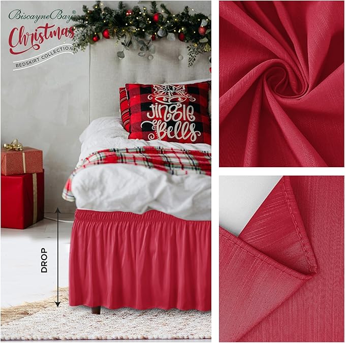 Biscaynebay Wrap Around Bed Skirts for Queen Beds 15" Drop, Red Adjustable Elastic Dust Ruffles Easy Fit Wrinkle & Fade Resistant Silky Luxurious Fabric Machine Washable