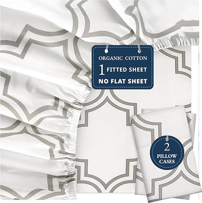 LANE LINEN Full Fitted Sheet, 100% Organic Cotton, 3-Piece Set (1 Fitted Sheet,2 Pillowcases), Percale Weave, Full Bed Bottom Sheet, Ultra Soft, Fits Mattress Upto 15" Deep - Trellis (No Flat Sheet)