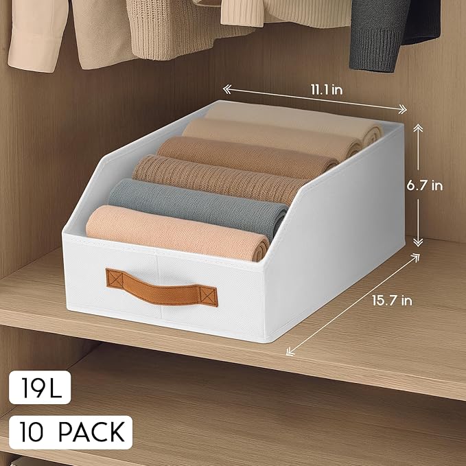 Homsorout Fabric Storage Bins for Organizing - 10 Pack Large Trapezoid Collapsible Storage Bins with Front Handle, Closet Organizers and Storage for Bedroom, Home Shelves, Small Spaces, White