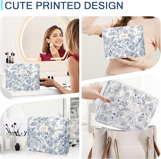 Gosect Floral Makeup Bag, Small Cosmetic Bag for Women Girls, Cute Cotton Makeup Bag, Quilted Makeup Bags, Flower Travel Toiletry Organizer Bag(Navy Blue)