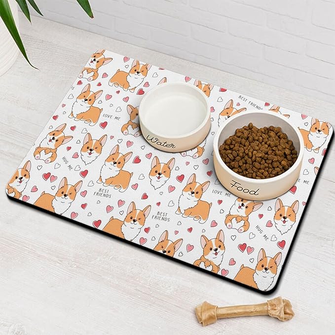 Corgi Dog Food & Water Mat, Pet Feeding Mat for Floor Non-Slip Waterproof, Super Absorbent Cat Bowl Mat, Easy to Clean Eco-Friendly Durable Pet Placemat,12" × 20"