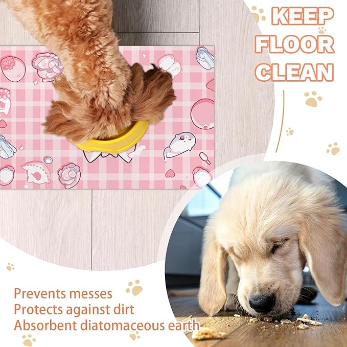 Eizlang Pink Kitten Dog Food Mat,12"x20" Inches Rapid Absorbent Pet Feeding Mat,Pets Placemat Water Bowl Mats with Rubber Backing,No Stains Dog Cat Feeding Mats Indoor,Pet Accessories Supplies