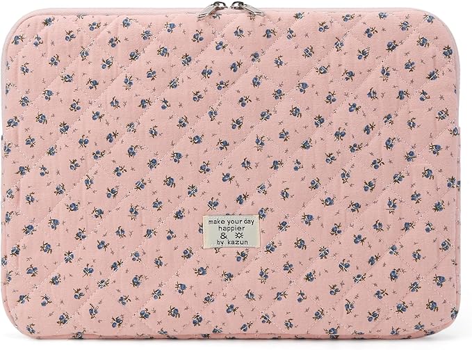 Puffy Laptop Sleeve 13-15.6 Inch Cute Quilted Laptop Protective Case Padded Floral Computer Sleeve for MacBook (A-Dark Pink, 15 Inch)
