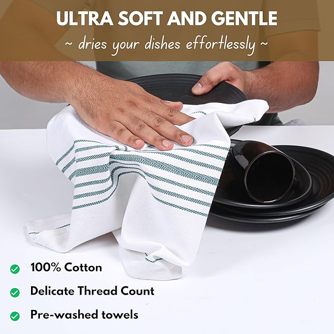 Native Fab Kitchen Tea Towels 16x26 inches - 12 Pack Herringbone Weave - 100% Cotton Scandia Striped Dish Towels, Wash Cloths, Absorbent Hand Towels with Hanger - Teal Green White