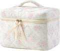 HBselect Christmas Gifts Large Quilted Makeup Bag, Cute Cotton Travel Makeup Bag with Handle, Portable Coquette Floral Make up Bags, Toiletry Organizer Make up Bags for Women Teen Girls Mom