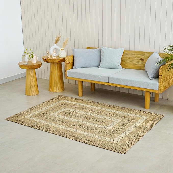 Traditional Jute Braided Rug, Rustic Country Décor for Kitchen, Living Room, Dining Room, Bedroom, Coastal Beige, 5'X8'