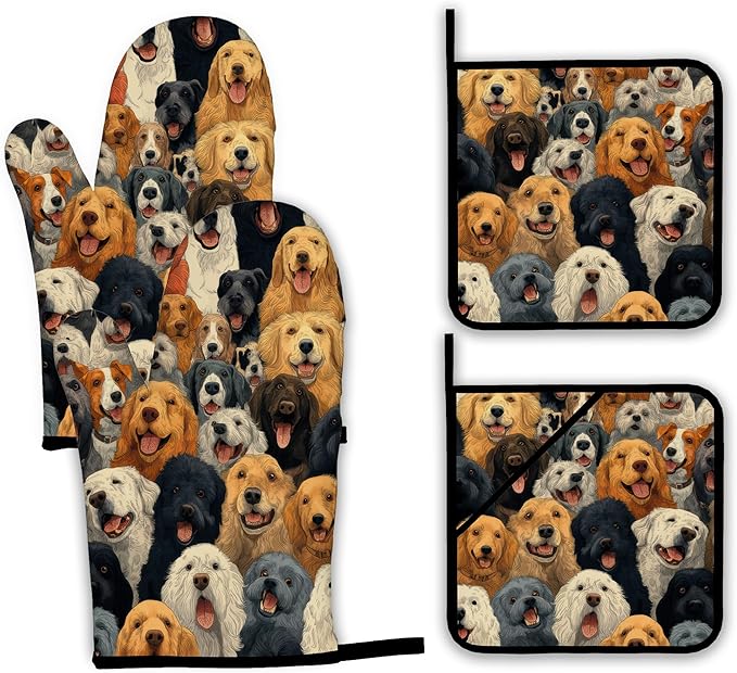 Funny Cute Dog Oven Mitts and Pot Holders Set,Kitchen Decor Heat Resistant Non Slip Hot Pads and Oven Mitt for Chef Cooking Baking BBQ Mom Girl Gifts(4 Piece Set)