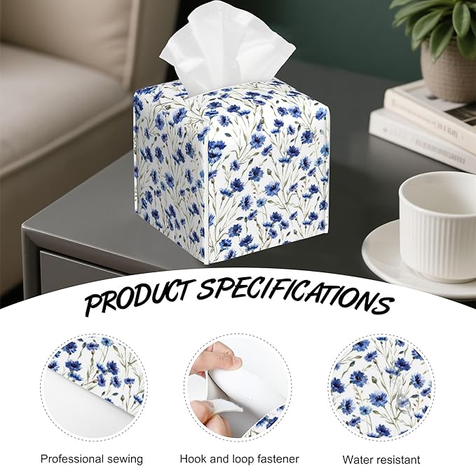 Watercolor Blue Cornflower Tissue Box Holder,Cube Tissue Box Cover Holder,Leather Facial Paper Organizer Dispenser Home for Bedroom Night Stands,Kitchen,Office and Car,5.2"×5.2"×5.2"