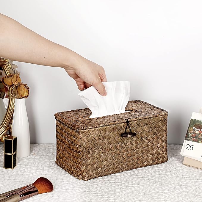 Sumnacon Tissue Box Cover Large Rectangle Tissue Box Seagrass Tissue Box Holder Woven Tissue Holder Decorative Tissue Cover for Bathroom Tissue Box Cover Rectangular for Home Office Table Coffee