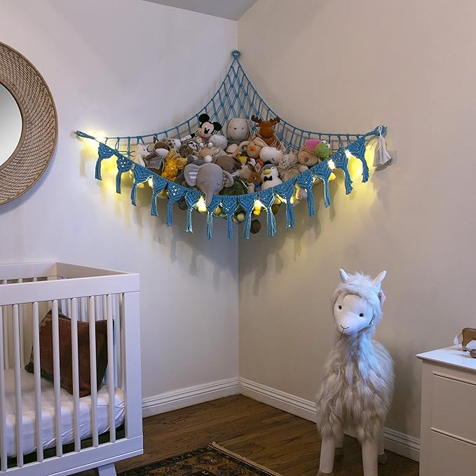 Abby Baby Extra Large Stuffed Animal Storage Hammock Corner with LED Lights – 25LB Capacity Hanging Toy Net for Small or Large Plushies, Boho Macrame Squishmallow, Plush Net, Blue