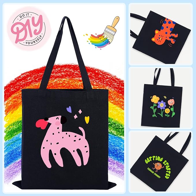 FF Sgdfc 2 Pcs Canvas Tote Bags, Natural Color Tote Bags 15 x 16 inch Sustainable Eco Friendly reusable, for Grocery Bags, DIY Gift Bags, Shopping Bags (Black)