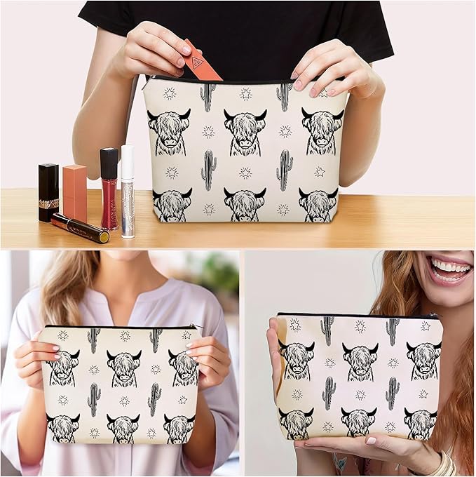 Girlly Western Cow Gifts Makeup Bag: Versatile Highland Cow -Themed Cosmetic Bags，Perfect for Teen Girls, Women & Cowgirl Stuff - Ideal Gift for Travel, Parties, Birthdays, Christmas.