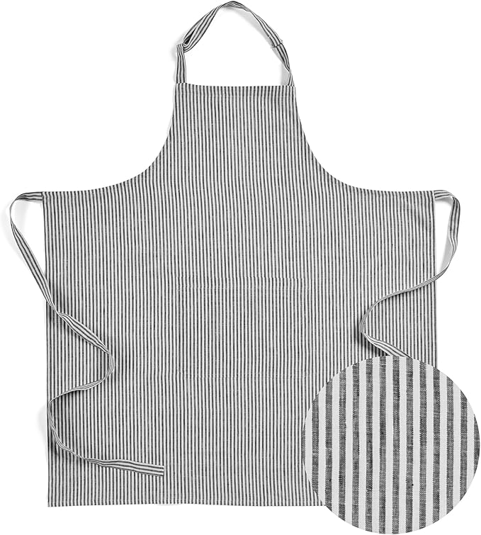 Solino Home 100% Pure Linen Apron for Women & Men - Full Midi Bib Apron Adjustable Neck Strap with Center Pockets for Kitchen