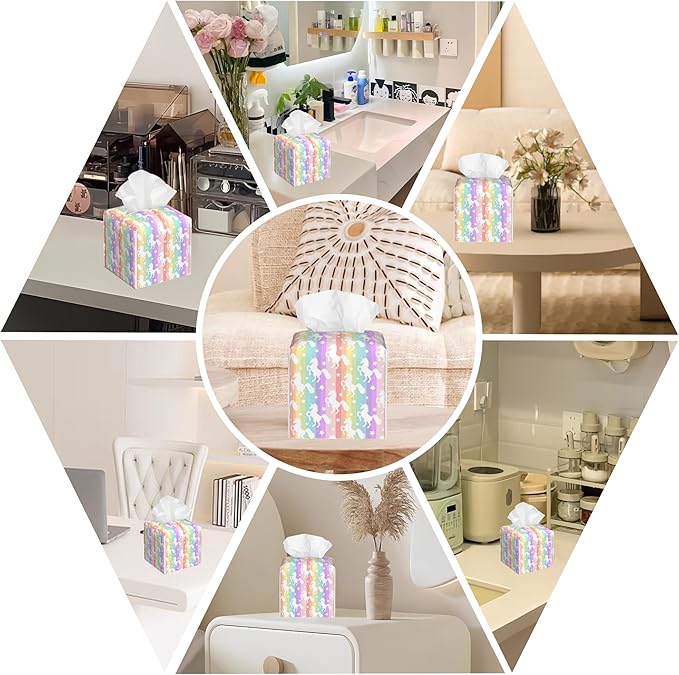 Leather Tissue Box Holder Unicorn Silhouette on Rainbow Stripes Tissue Box Cover Facial Paper Case Organizer Cube Napkin Dispenser for Bathroom Vanity Countertop Night Stand Office Car