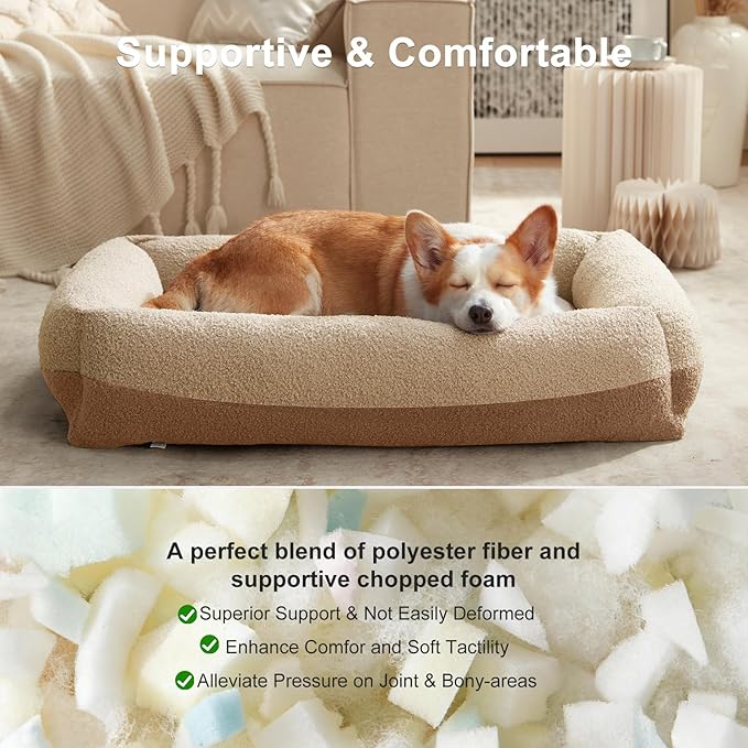 FURTIME Washable Dog Bed Medium Size Dogs, Rectangle Comfy Fluffy Medium Dog Bed, Removable Zipper Cover Machine Wash, Soft Orthopedic Bed Durable Pet Cuddler with Anti-Slip Bottom, 25"x21"x7", Beige