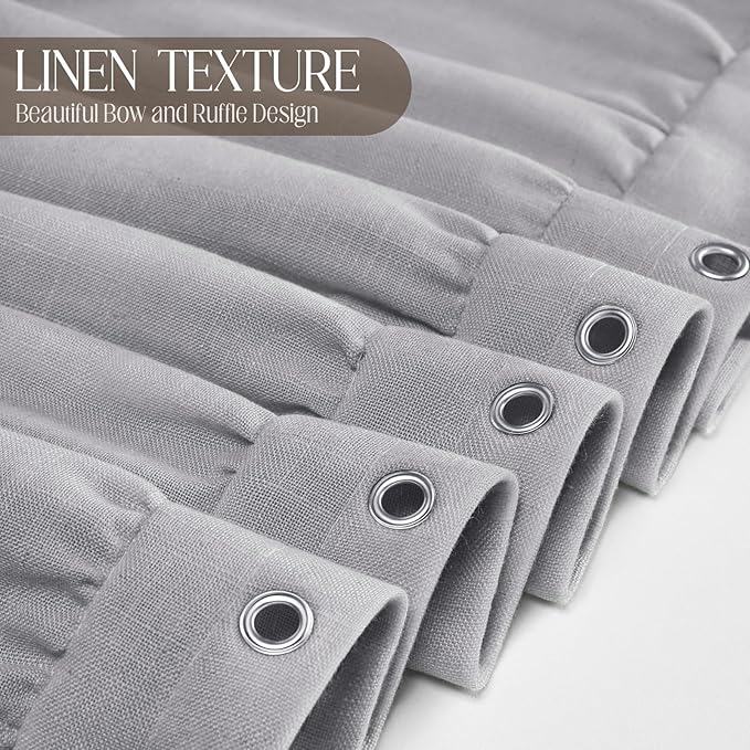 XOGUIBO Linen Ruffle Shower Curtain with Handmade Bow Tie, Vintage Farmhouse Shower Curtain for Bathroom, Grey 72" W x 72" H