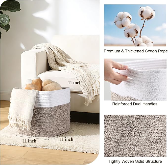 Storage Cubes 11 Inch Storage Baskets for Shelves, Cotton Rope Woven Baskets for Organizing, Cube Storage Square Bins for Toy, Playroom Decor, Classroom, Closet, White+brown, 1pack