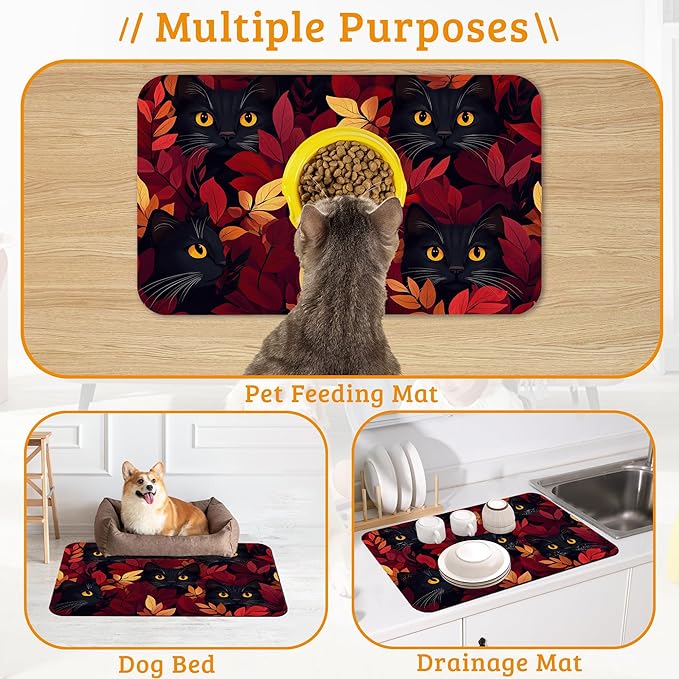 Dog Bowl Mat,Black Cat Pet Feeding Mat for Floors Waterproof,Forest Red Absorbent Dogs Placemat for Food and Water Quick Dry Pet Cat Feeding Mats with Non Slip Bottom 16" x 24"