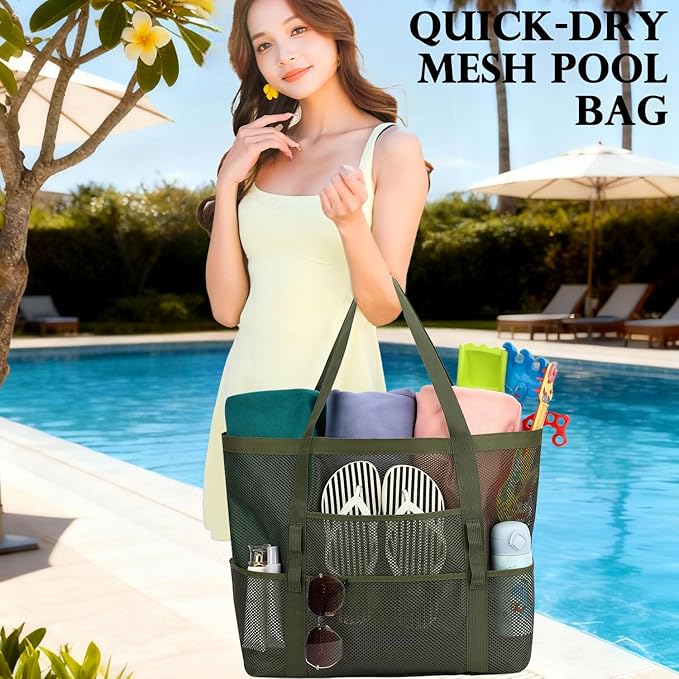 Fammart Mesh Beach Bag, Large Beach Tote with Zipper Pocket for Family Pool Bag for Toys & Vacation Essentials