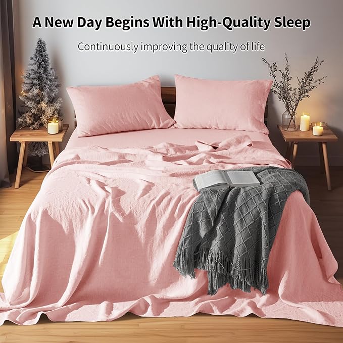 LBRO2M 100% Linen Sheet Set 16" Deep Pocket Full Size,Bed Sheets 4 Piece Sets,Solid Color Natural Flax Bed Sheets Soft Breathable Bedding, All Season (Full, Blush Pink)