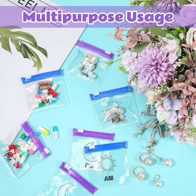 24 Pieces Pill Pouch Bags Zippered Set Reusable Translucent Medicine Organizer Sealing Travel Plastic Bags with Slide Lock for Storage(Purple, Blue)