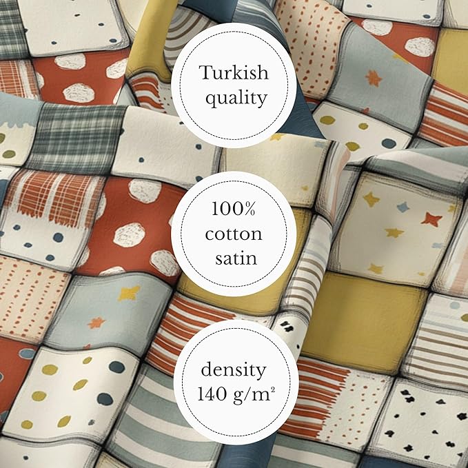 Soft Neutral Patchwork Cotton Fabric Panel 61 x 36.6 Inches, Minimal Geometric Quilt Pattern, Beige Blue Mustard Tones, 100% Cotton 140 GSM