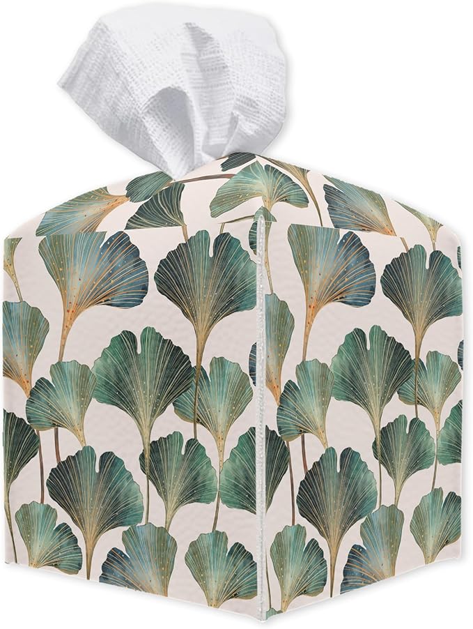Ginkgo Leaves Square Tissue Box Holder Cover, Tissue Cube Box Organizer for Bathroom, Living Room, Office, Countertop, Car, Night Stands, Modern Home Desk Tabletop Decor - A04