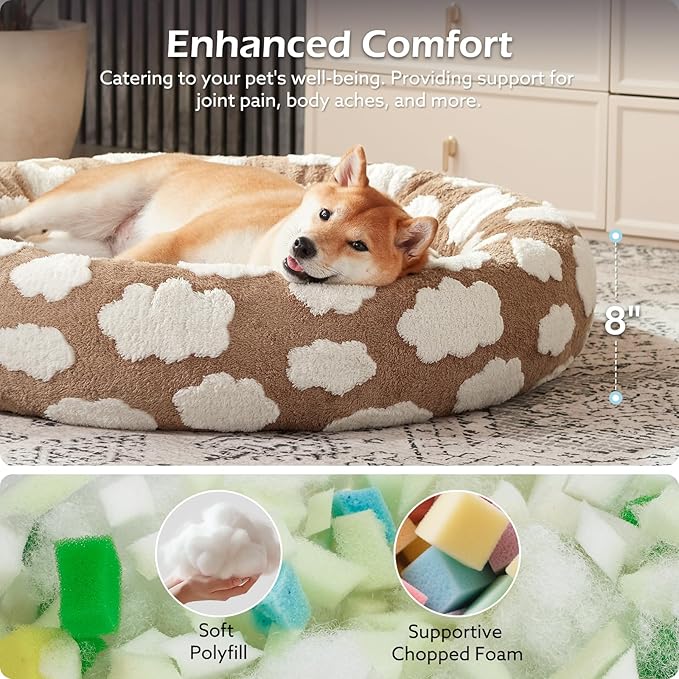 JOEJOY Donut Small Dog Bed, Round Cat Beds for Indoor Cats with Removable Washable Cover, Orthopedic Cute Puppy Kitten Pet Bed with Jacquard Shaggy Plush & Non Skid Bottom, Black