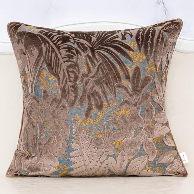 Alerfa Brown Throw Pillow Cover 20x20 Inch, Square Cut Velvet Maple Leaf Embroidery Luxury Farmhosue Accent Decorative Pillow Cover for Couch Living Room Bedroom