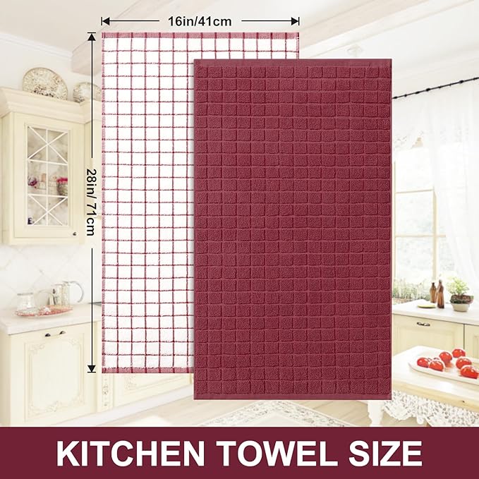 Homaxy Premium Cotton Kitchen Towels 16"x 28", Large Natural Ring Spun 390 GSM Dish Towels, Super Absorbent Terry Kitchen Hand Towels, Soft Tea Towels with Hanging Loop, Red Check Design,6 Pack