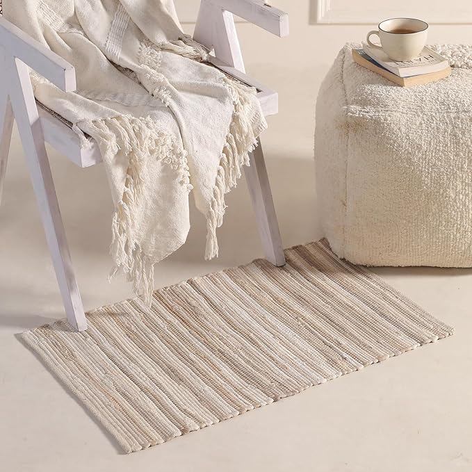HOMEMONDE Beige Chindi Rug 20"x32" Recycled Soft Cotton Rag Rug Hand Crafted Reversible Boho Decor for Entyrway, Doormat, Kitchen, Bedroom, Living Room