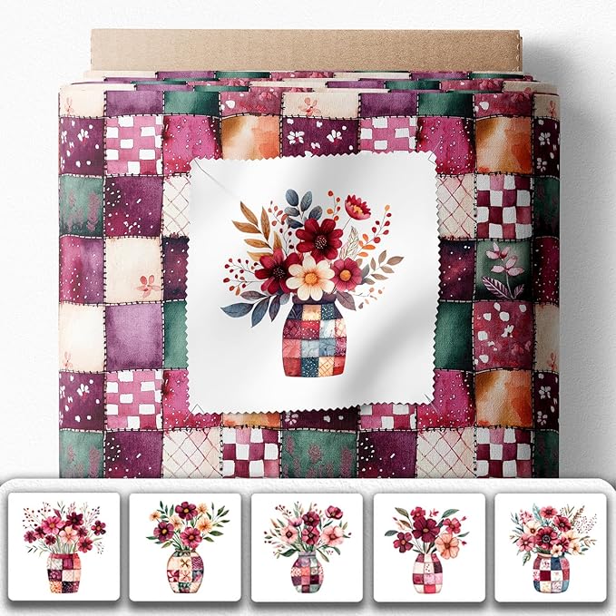 Cotton Satin Fabric Panel with Floral Patchwork Designs – 6 Printed Panels 9.8×9.8 in, Continuous Uncut Fabric Sheet 29.5×19.7 in, 100% Cotton for Quilting, Sewing & DIY